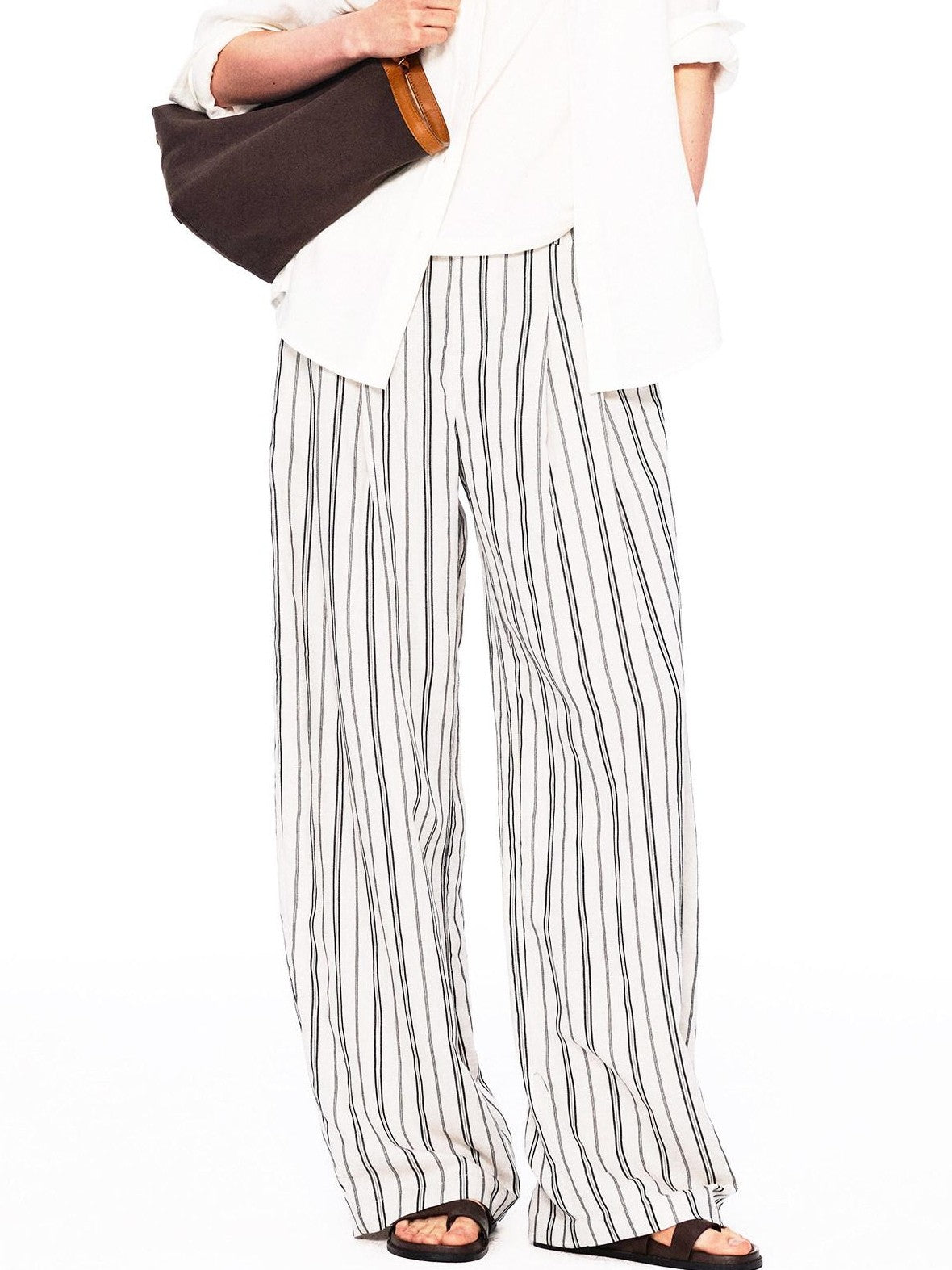 Northbutsouth Beige Striped Double Pleated Cocoon Low Waist Women&