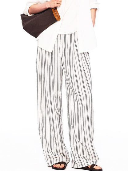 Northbutsouth Beige Striped Double Pleated Cocoon Low Waist Women&