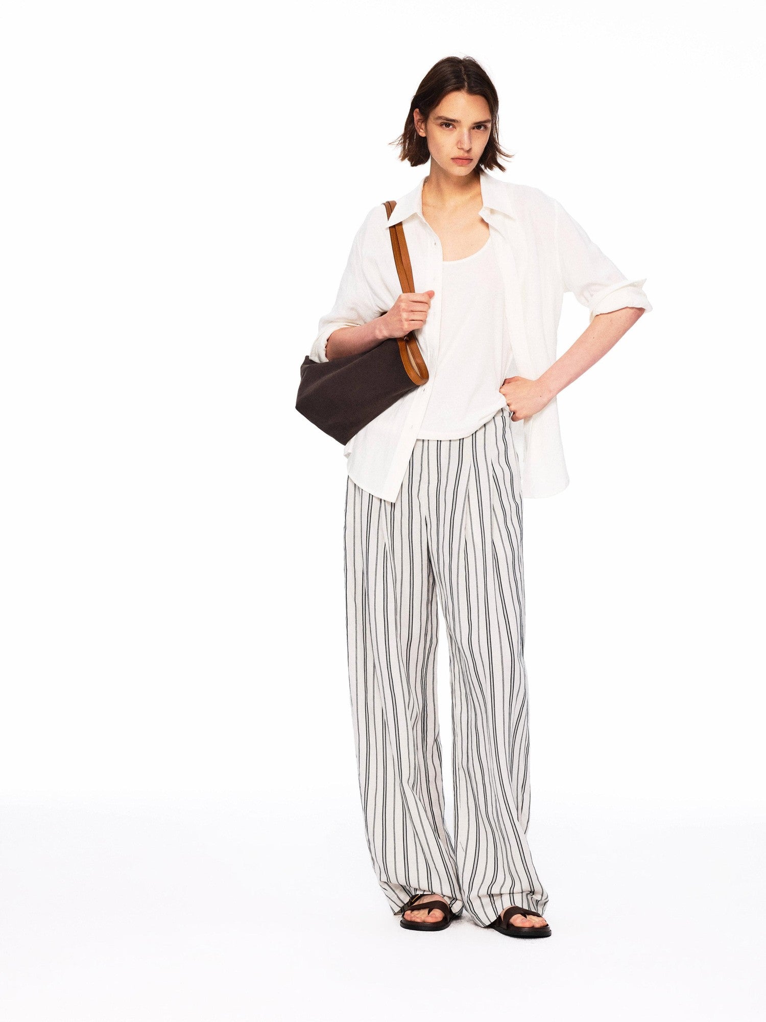Northbutsouth Beige Striped Double Pleated Cocoon Low Waist Women&