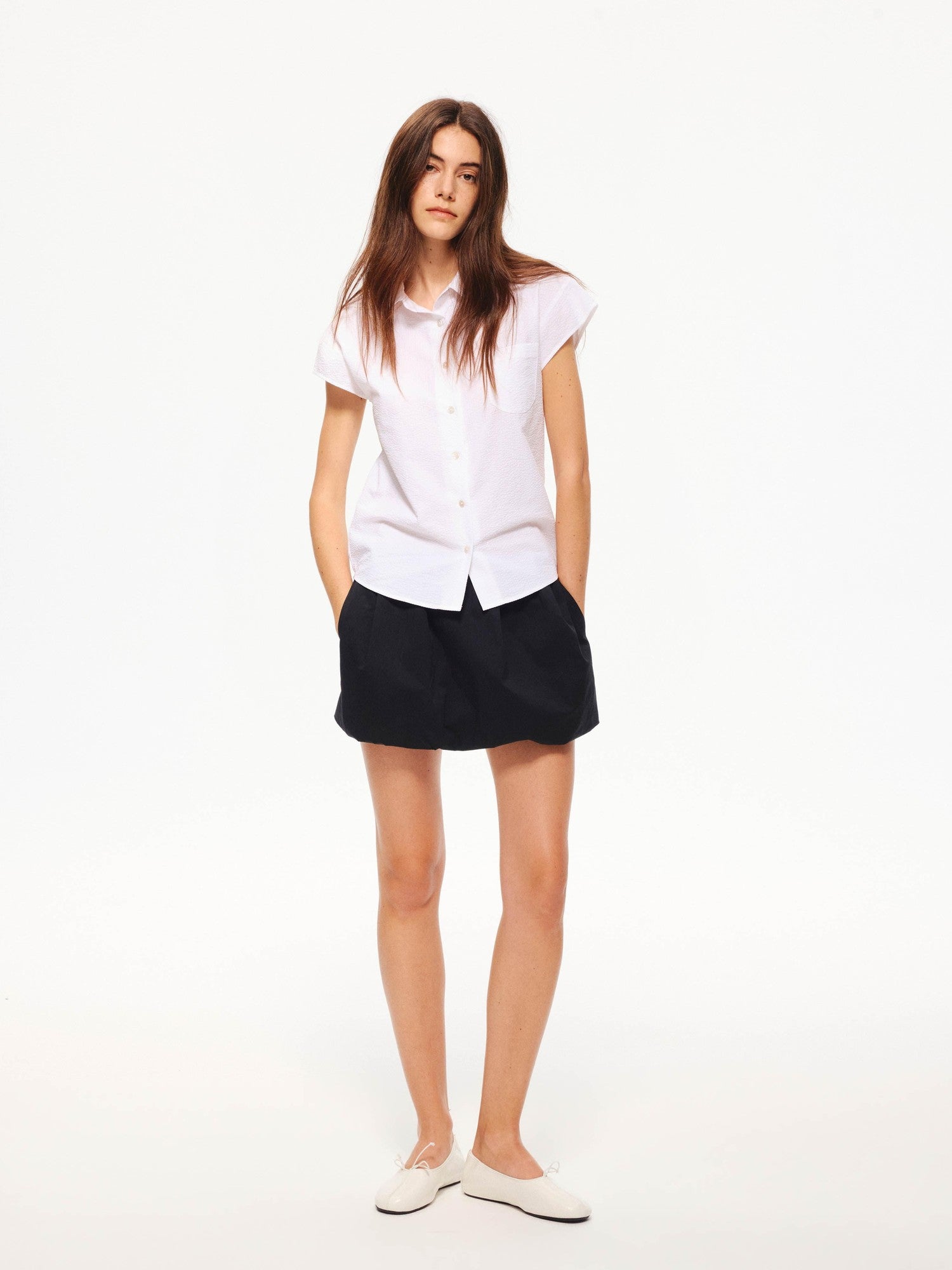 Northbutsouth Black And White Bubble Texture Slim Fit Flutter Sleeve Women&