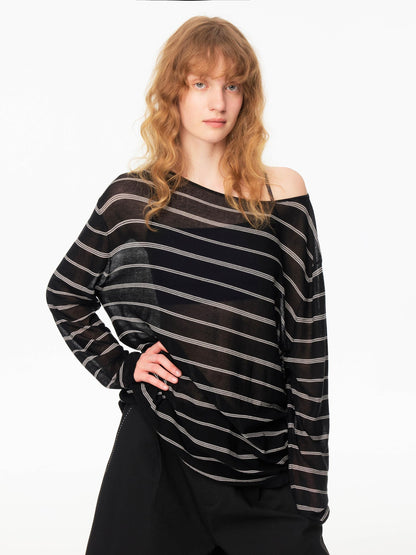Northbutsouth Black And White Striped Off Shoulder Knit Women&