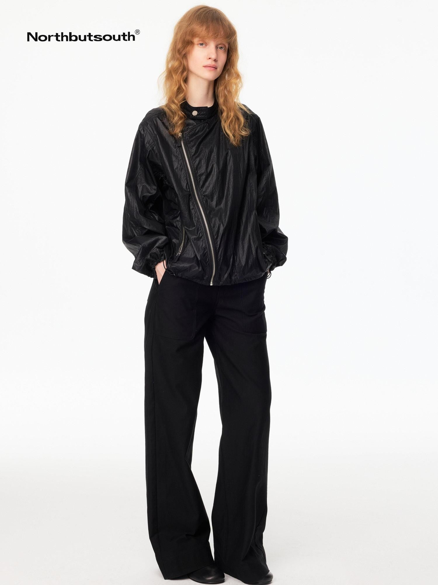 Northbutsouth Black Matte Asymmetrical Zipper Stand Collar Women&