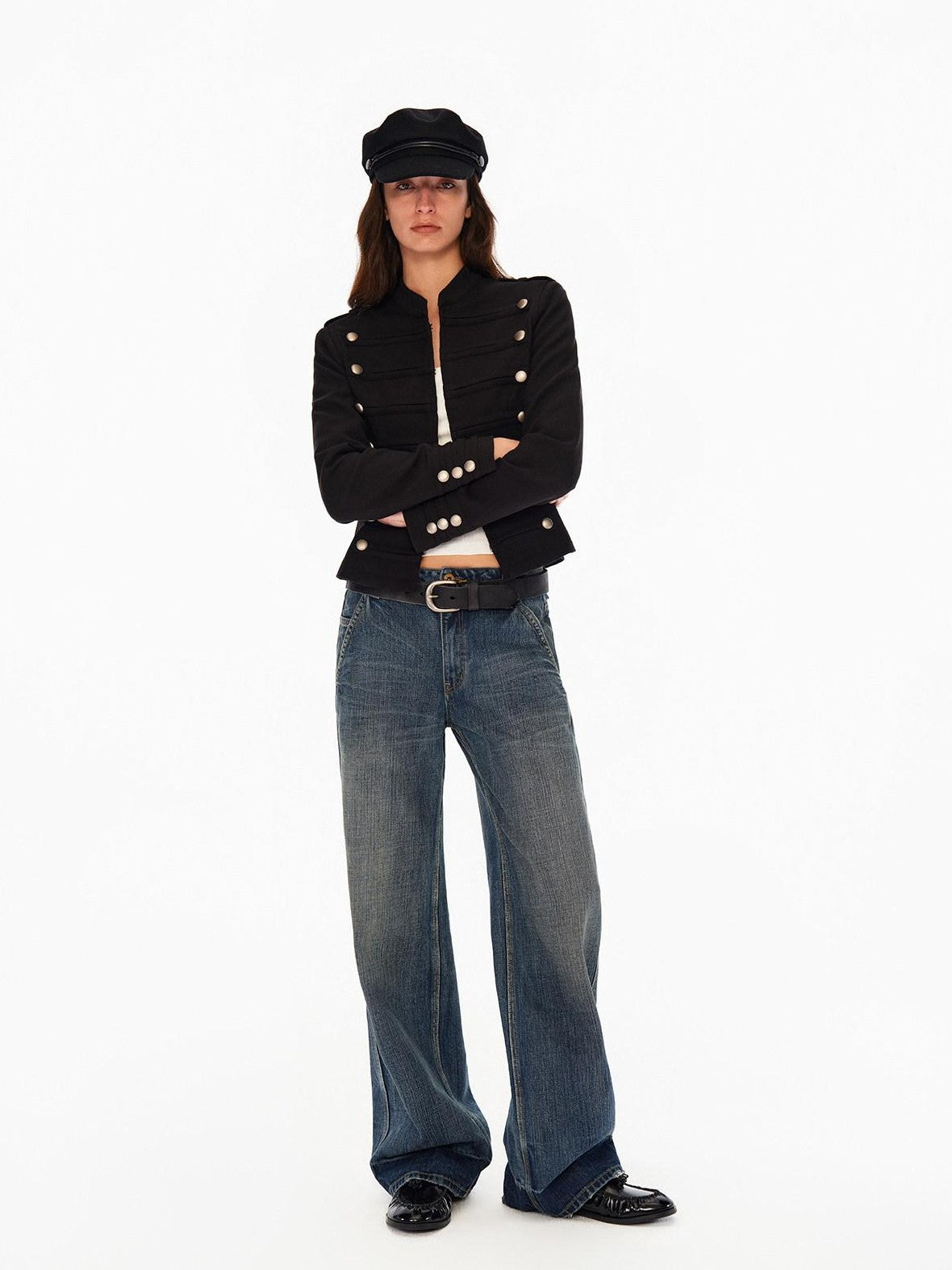 Northbutsouth Black Metal Snap Button Stand Collar Women&