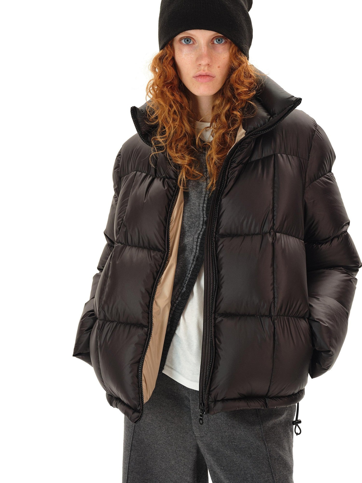 Northbutsouth Black Short Quilted Panel Stand Collar Women&