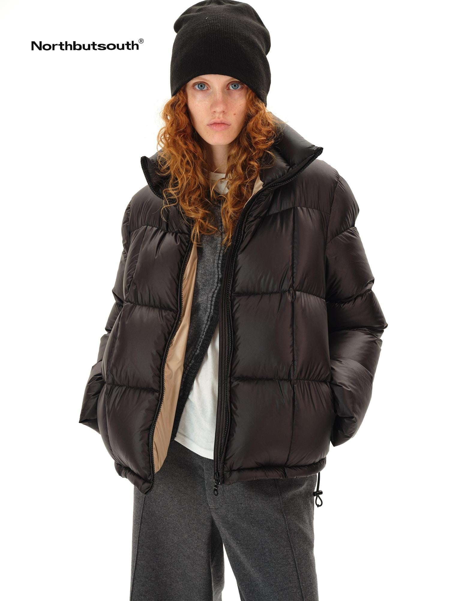 Northbutsouth Black Short Quilted Panel Stand Collar Women&