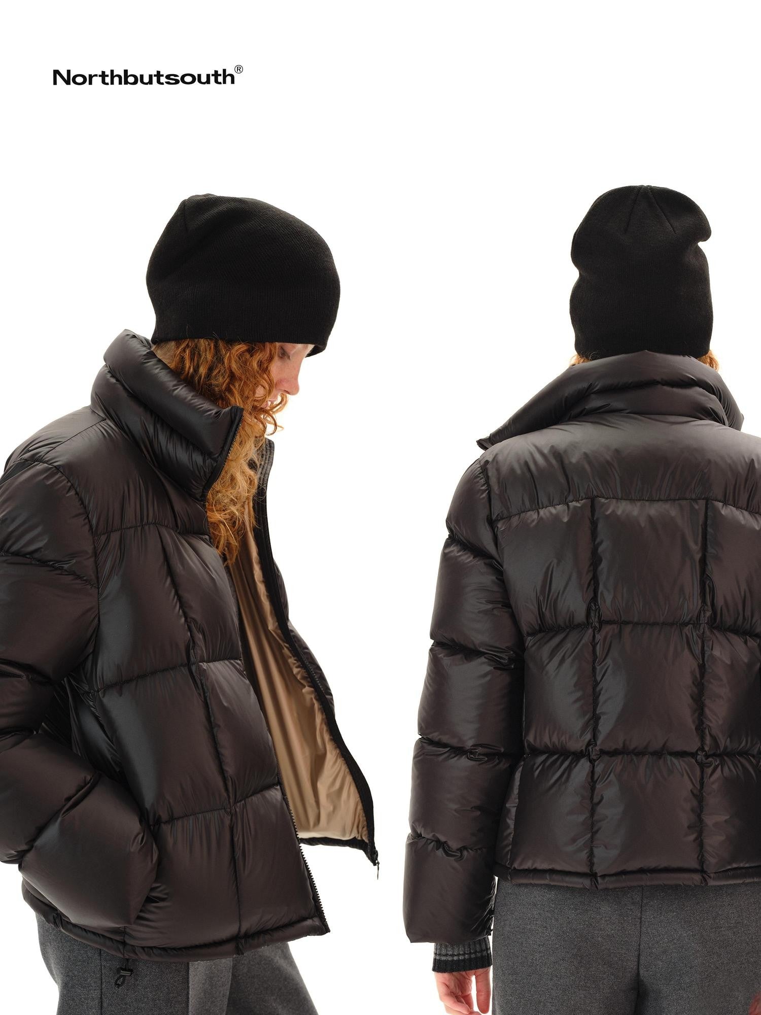 Northbutsouth Black Short Quilted Panel Stand Collar Women&