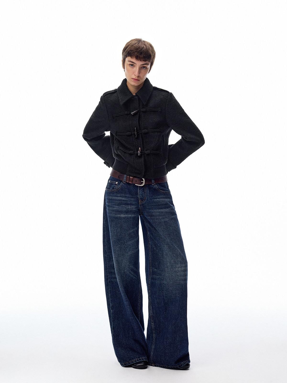 Northbutsouth Black Short Structured Horn Toggle Lapel Slim Women&