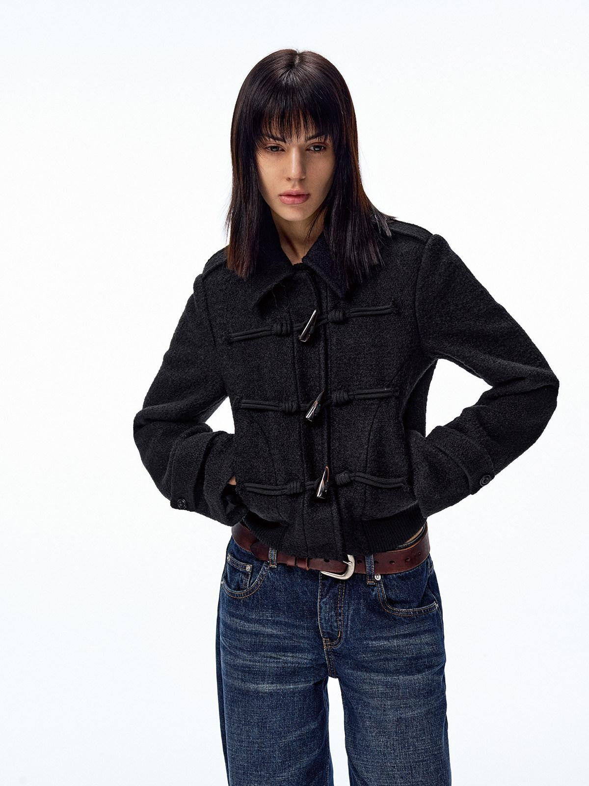 Northbutsouth Black Short Structured Horn Toggle Lapel Slim Women&