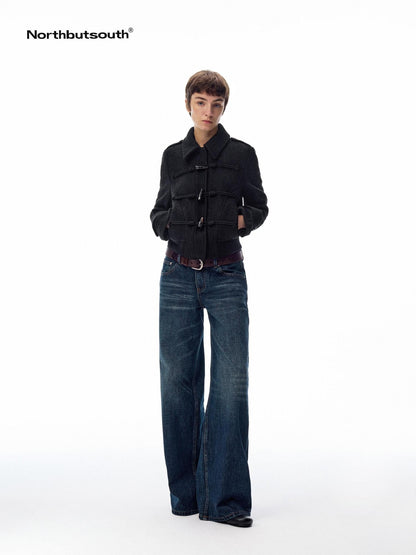 Northbutsouth Black Short Structured Horn Toggle Lapel Slim Women&