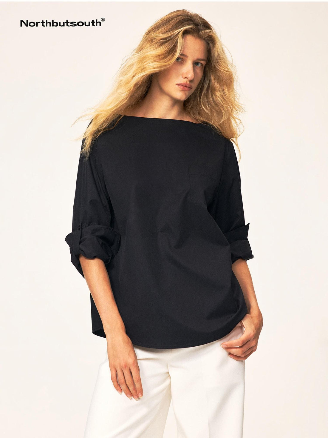 Northbutsouth Black White Curved Hem Patch Pocket Straight Women&