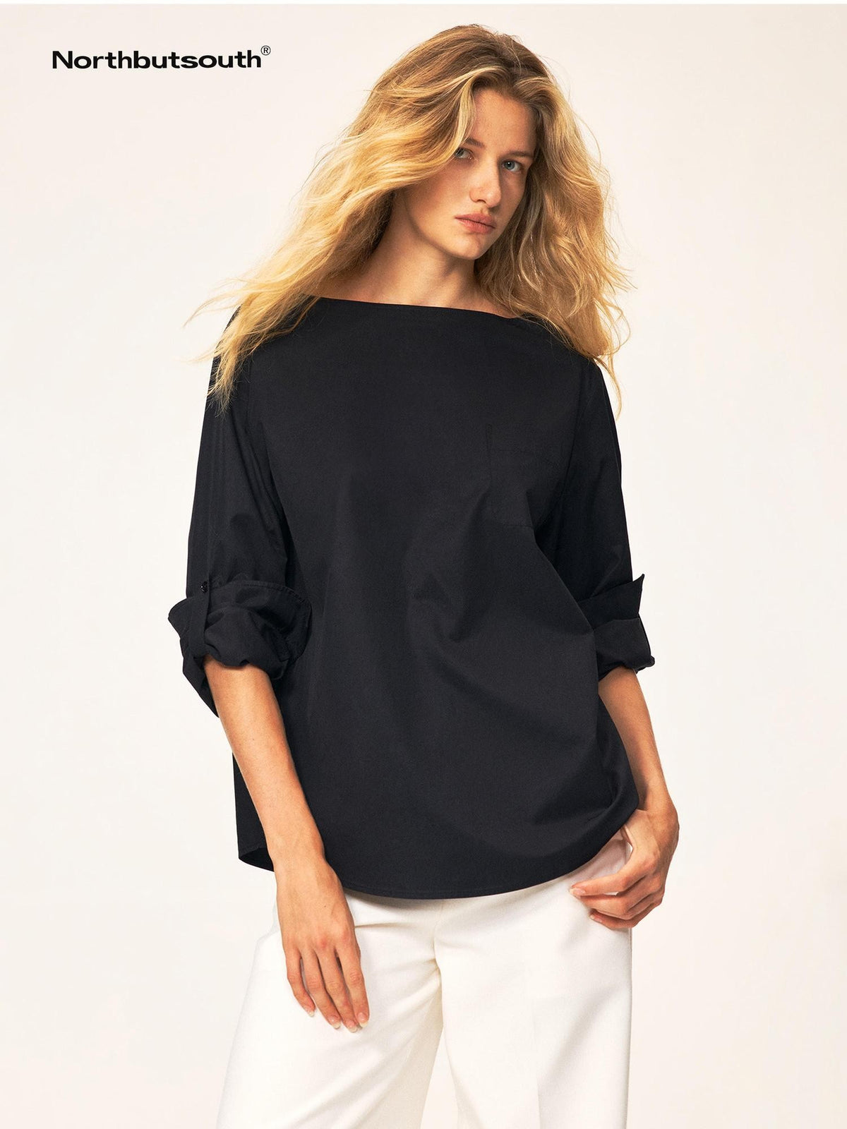 Northbutsouth Black White Curved Hem Patch Pocket Straight Women&