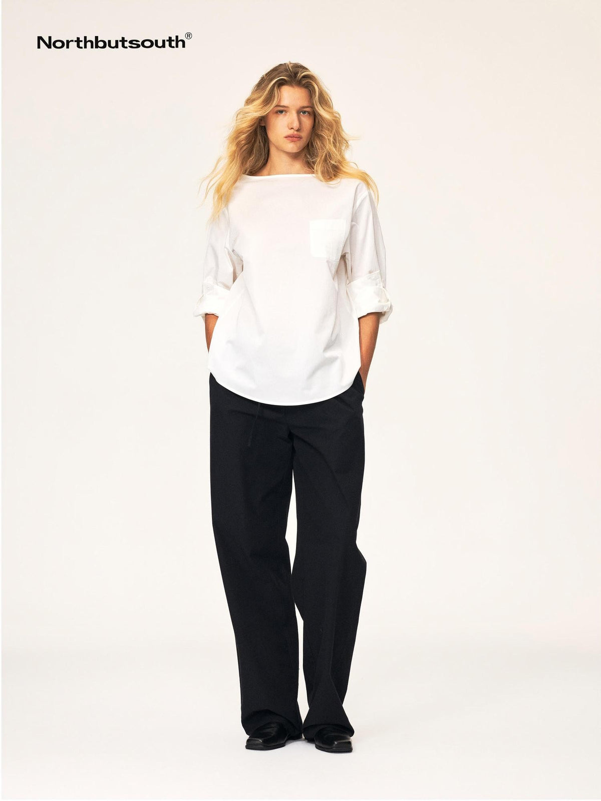 Northbutsouth Black White Curved Hem Patch Pocket Straight Women&