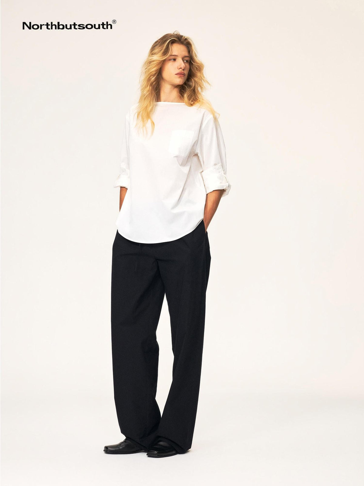 Northbutsouth Black White Curved Hem Patch Pocket Straight Women&