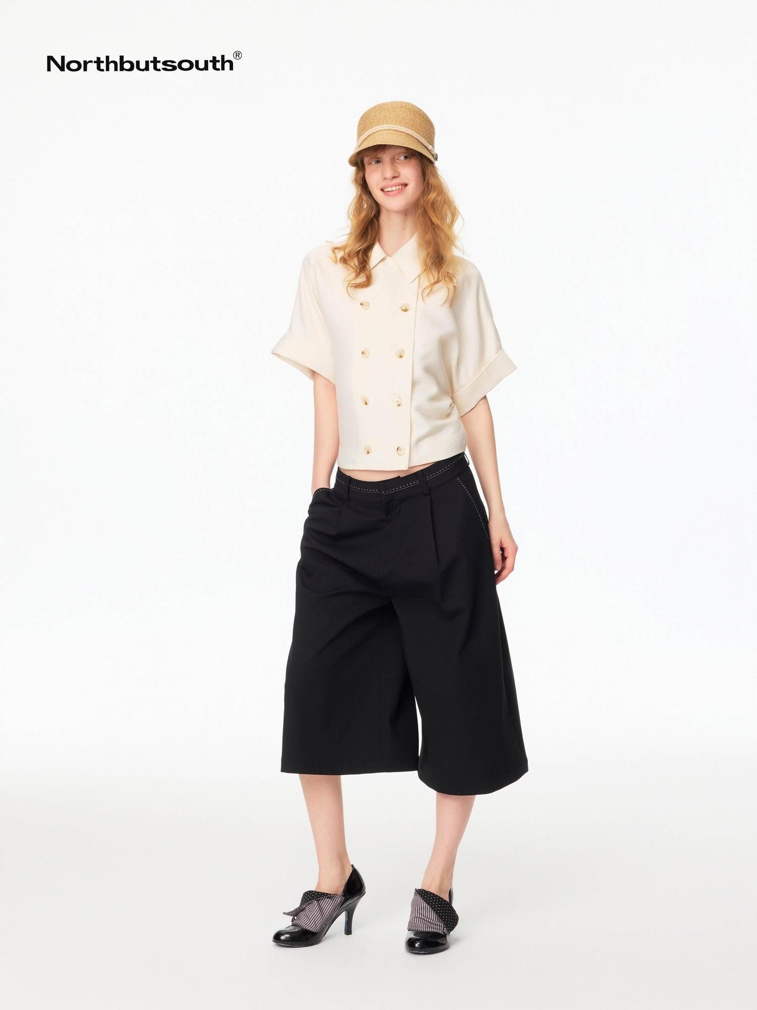 Northbutsouth Black White Double Breasted Lapel Twill Texture Women&