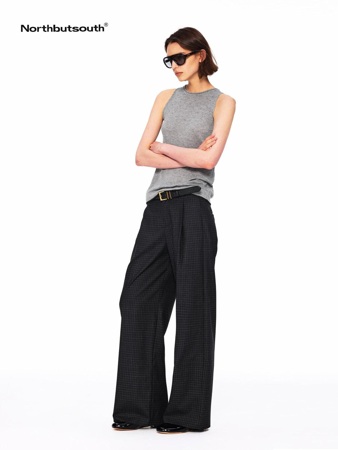 Northbutsouth Black White Micro Check Single Pleat Women&