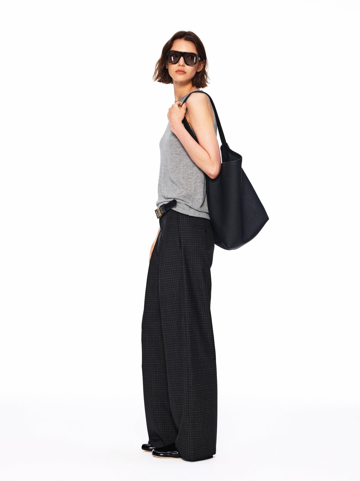 Northbutsouth Black White Micro Check Single Pleat Women&