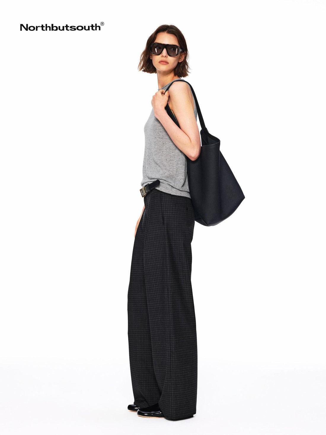 Northbutsouth Black White Micro Check Single Pleat Women&