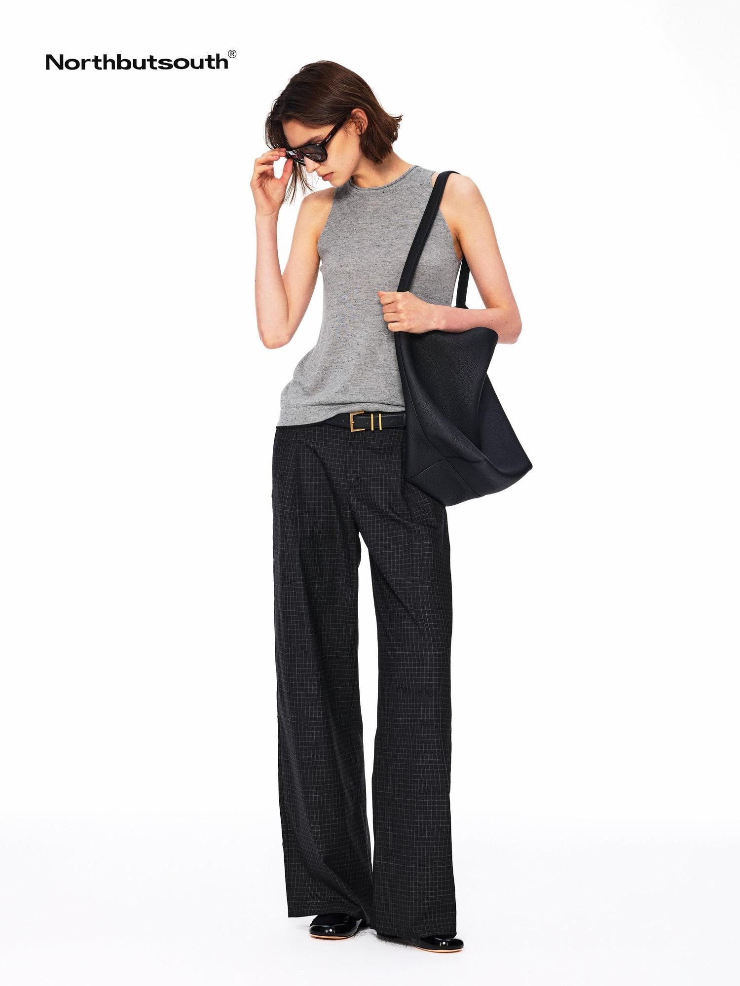 Northbutsouth Black White Micro Check Single Pleat Women&