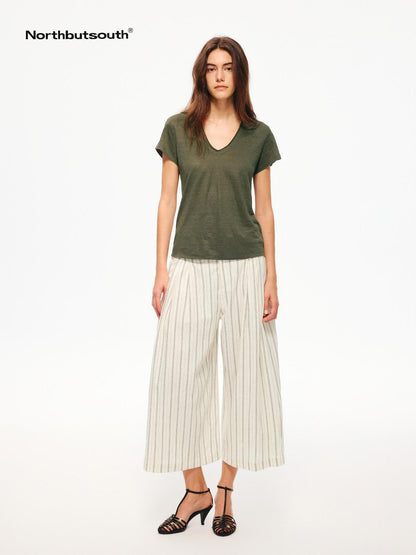 Northbutsouth Black White Striped Double Pleated Cropped Women&