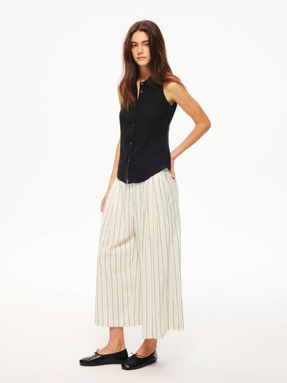 Northbutsouth Black White Striped Double Pleated Cropped Women&