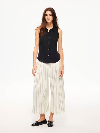 Northbutsouth Black White Striped Double Pleated Cropped Women&