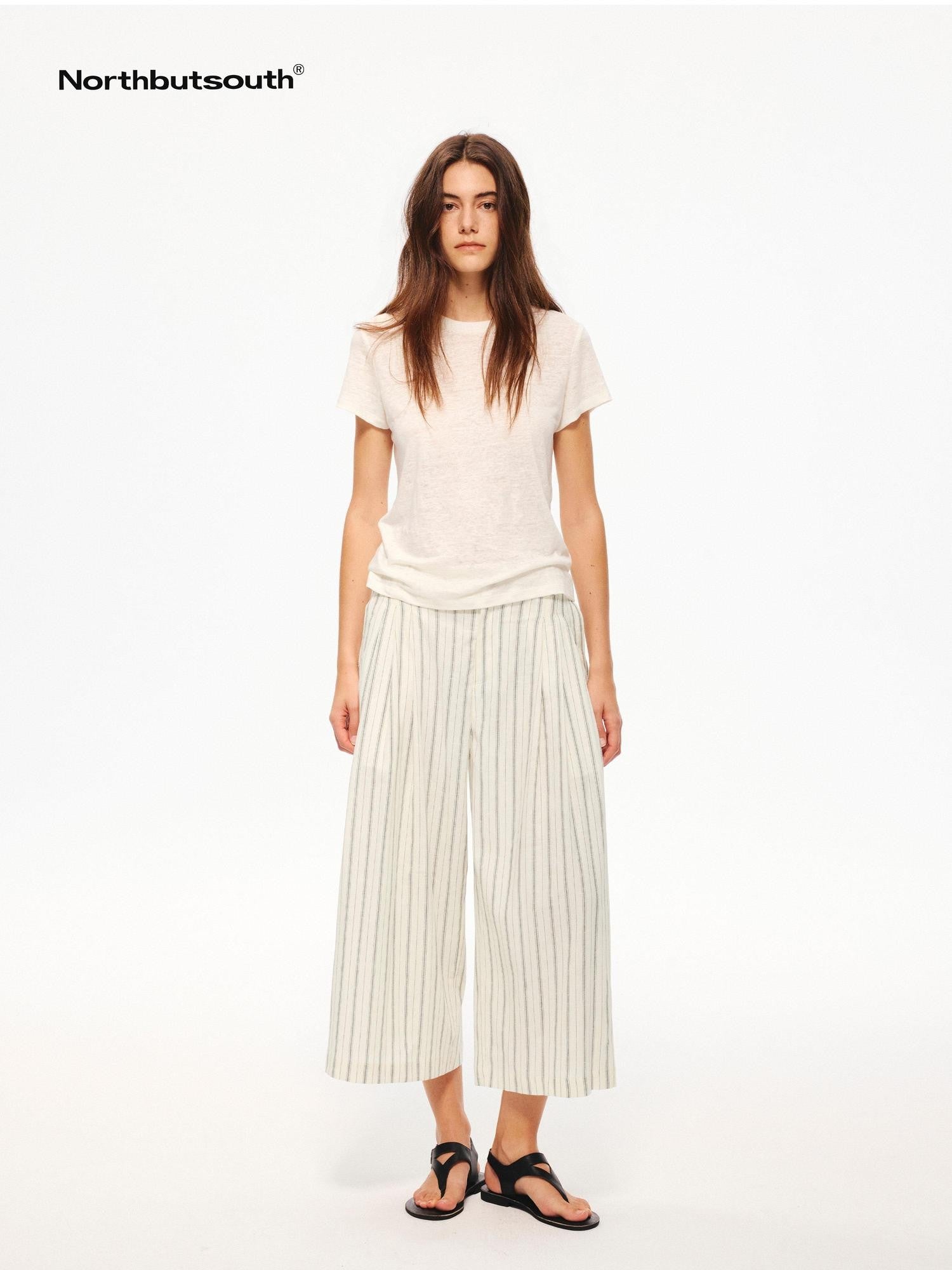 Northbutsouth Black White Striped Double Pleated Cropped Women&