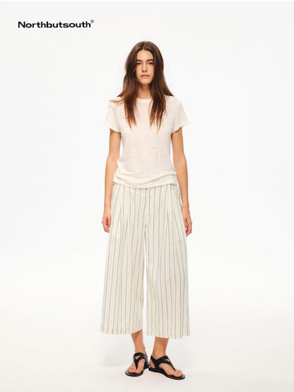 Northbutsouth Black White Striped Double Pleated Cropped Women&