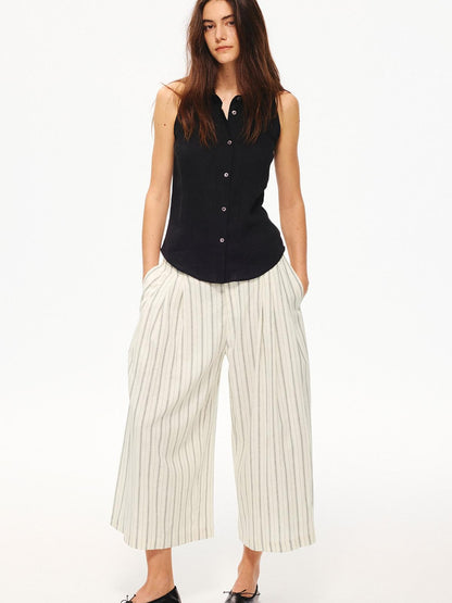 Northbutsouth Black White Striped Double Pleated Cropped Women&