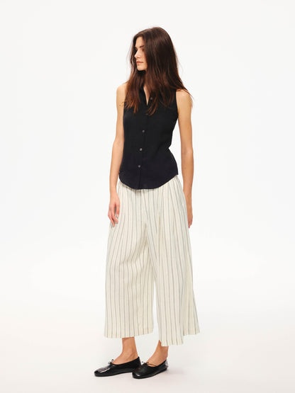 Northbutsouth Black White Striped Double Pleated Cropped Women&