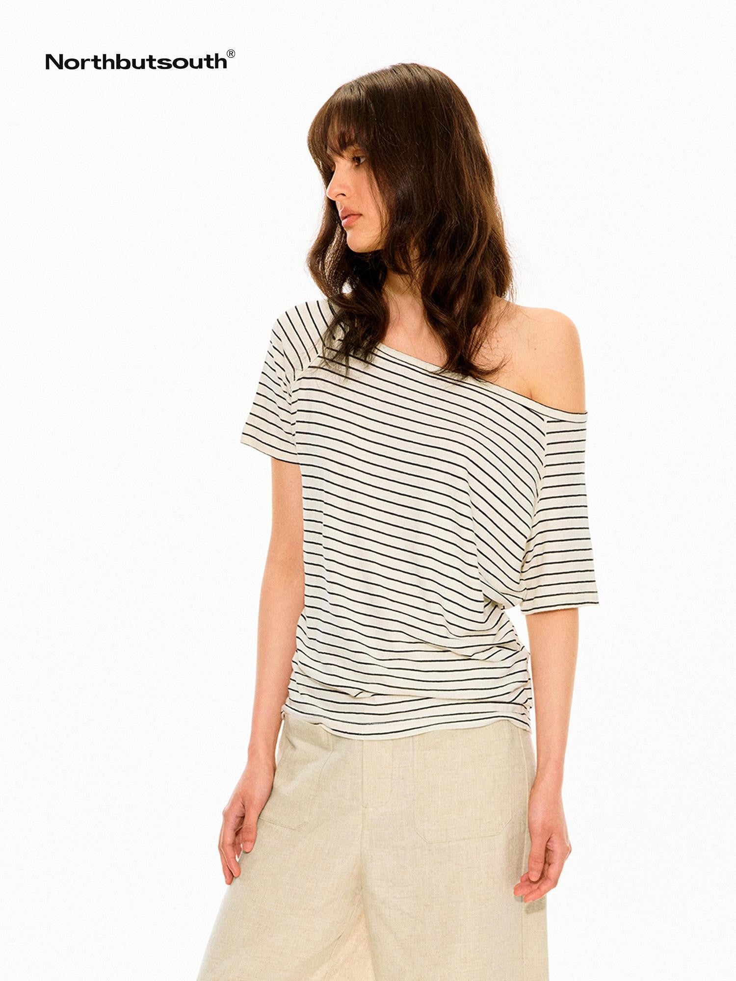 Northbutsouth Black White Striped Slanted Shoulder Women&