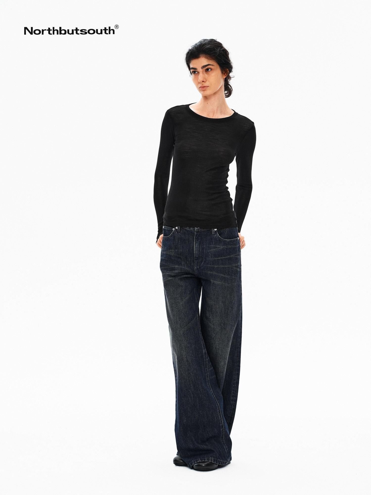 Northbutsouth Blue Black Washed Distressed Slub Low Rise Women&