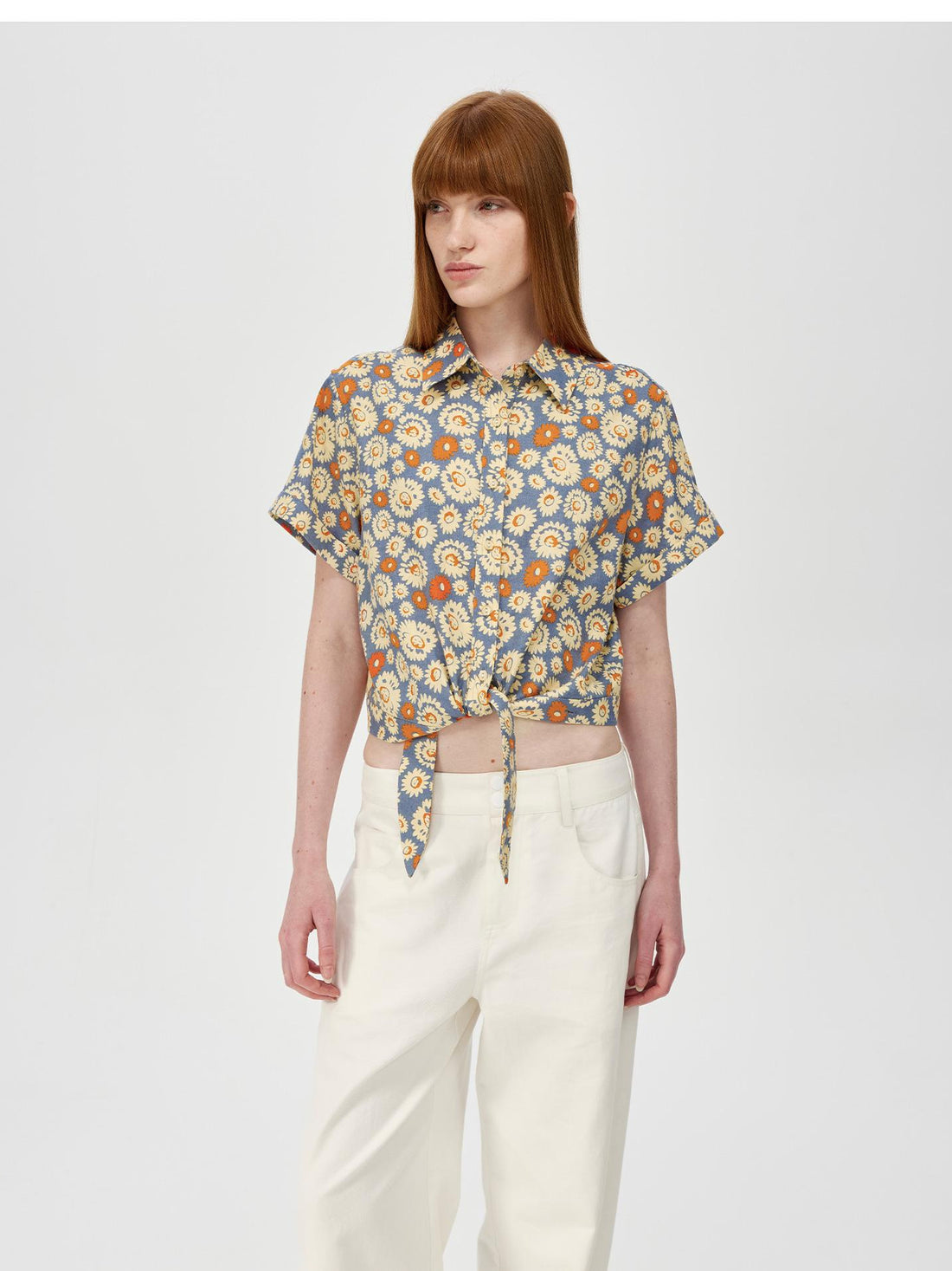 Northbutsouth Blue Floral Print Vintage Two Way Tie Front Vacation Shirt