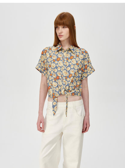 Northbutsouth Blue Floral Print Vintage Two Way Tie Front Vacation Shirt