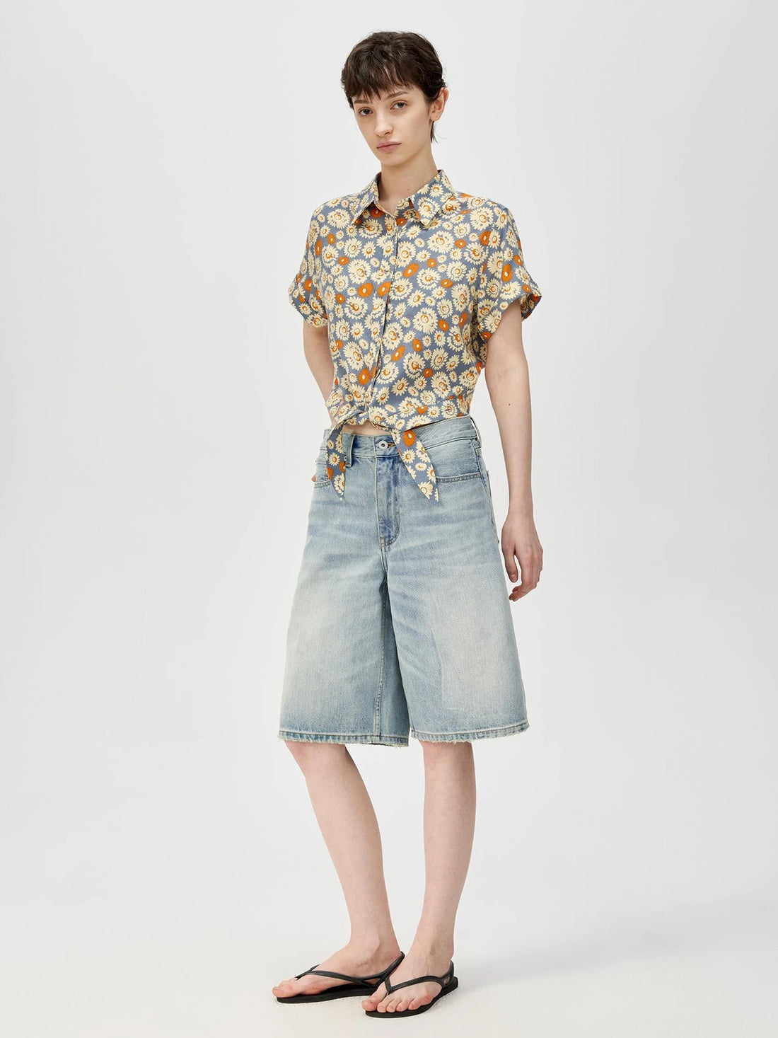 Blue Floral Print Vintage Two Way Tie Front Vacation Shirt