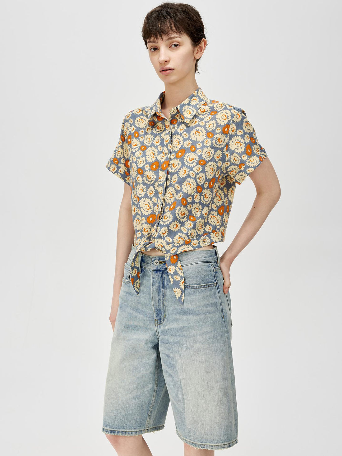 Northbutsouth Blue Floral Print Vintage Two Way Tie Front Vacation Shirt
