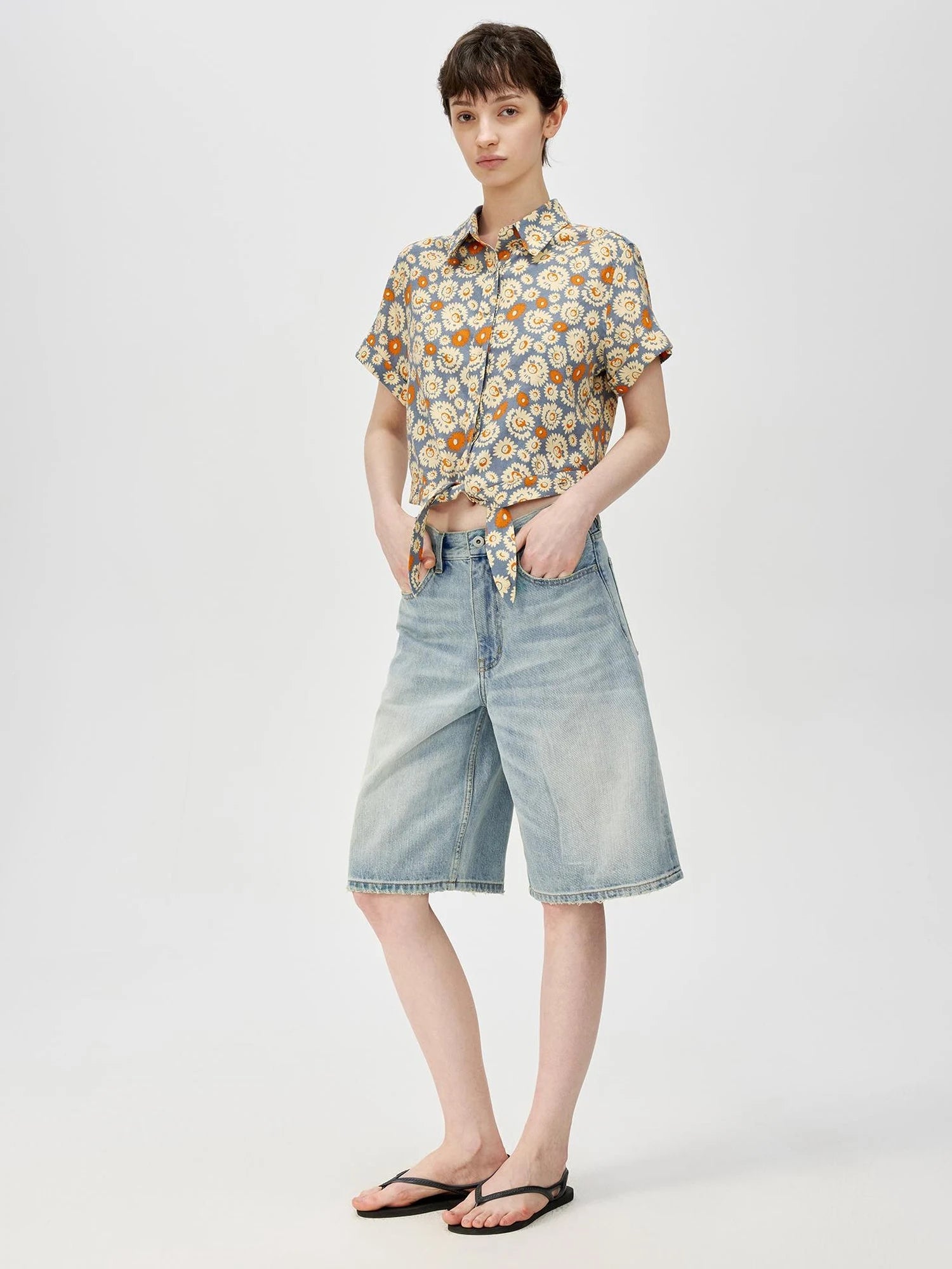 Blue Floral Print Vintage Two Way Tie Front Vacation Shirt