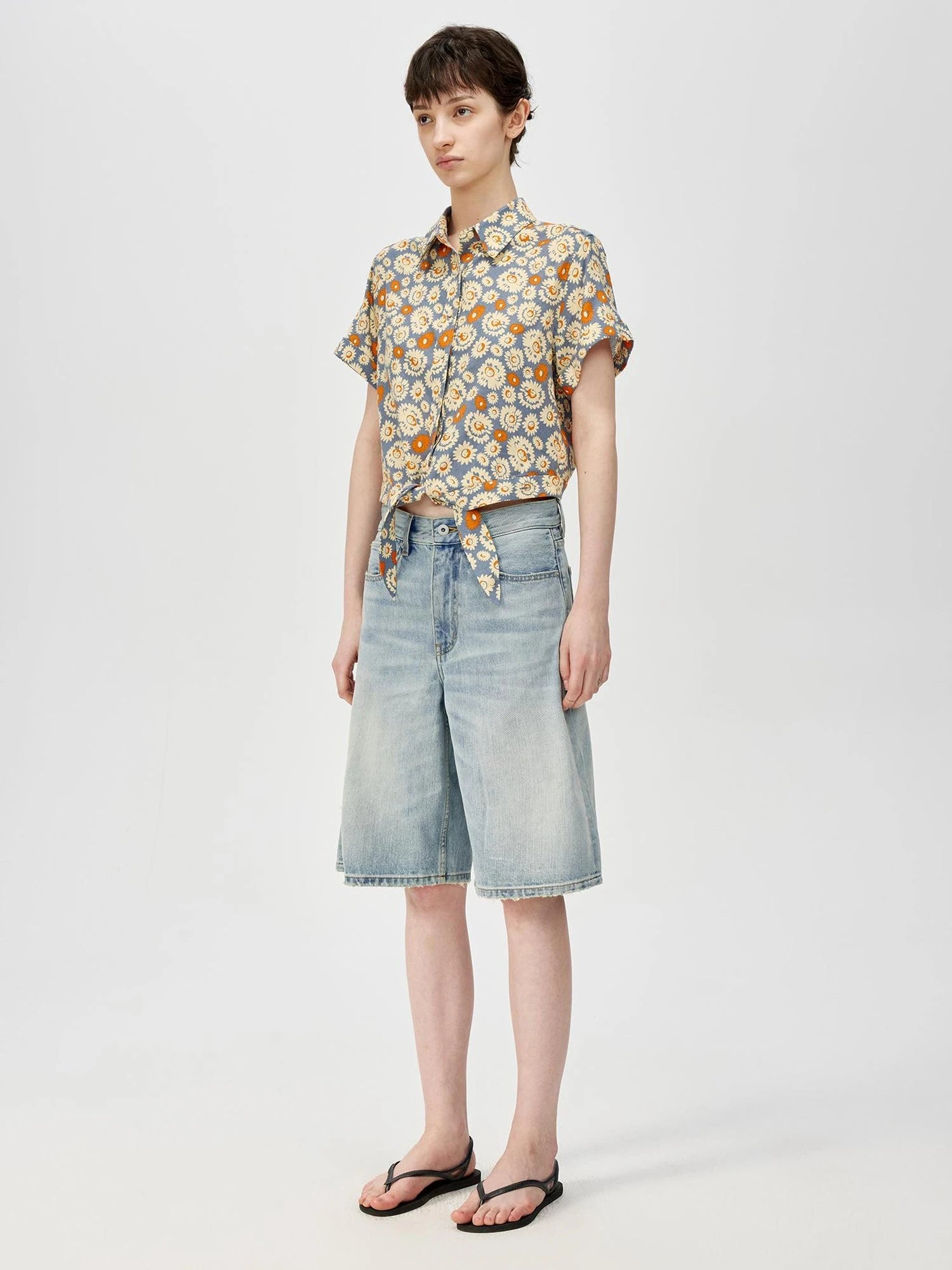 Blue Floral Print Vintage Two Way Tie Front Vacation Shirt