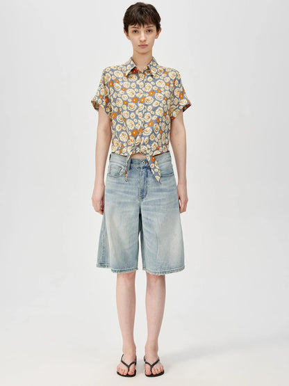 Blue Floral Print Vintage Two Way Tie Front Vacation Shirt