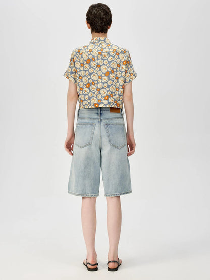 Blue Floral Print Vintage Two Way Tie Front Vacation Shirt