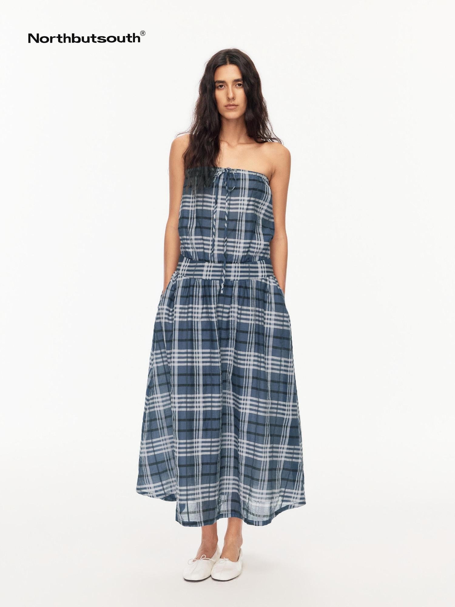 Northbutsouth Blue Shirred Tie Vintage Plaid Women&