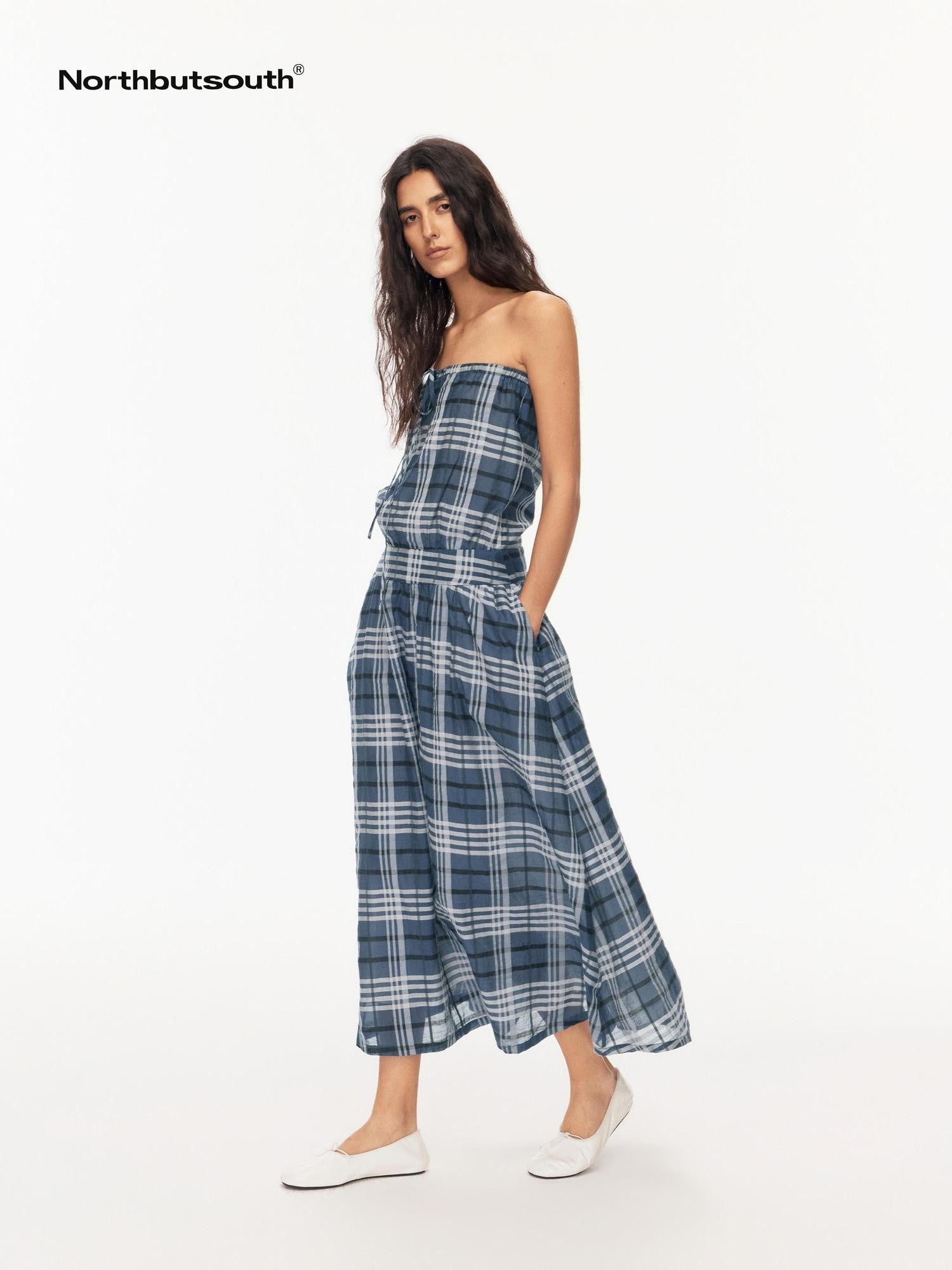 Northbutsouth Blue Shirred Tie Vintage Plaid Women&