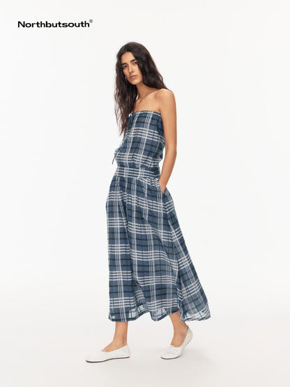 Northbutsouth Blue Shirred Tie Vintage Plaid Women&