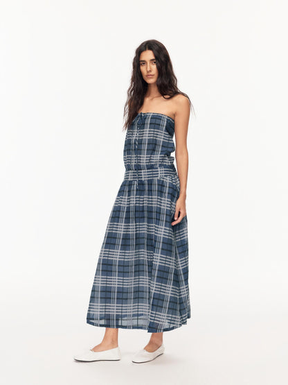 Northbutsouth Blue Shirred Tie Vintage Plaid Women&