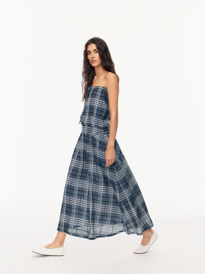 Northbutsouth Blue Shirred Tie Vintage Plaid Women&