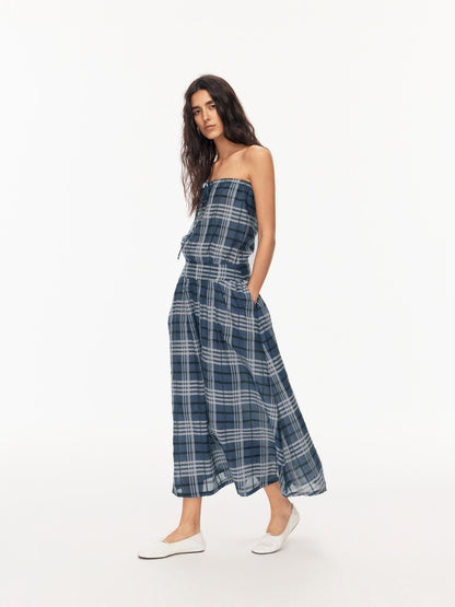 Northbutsouth Blue Shirred Tie Vintage Plaid Women&