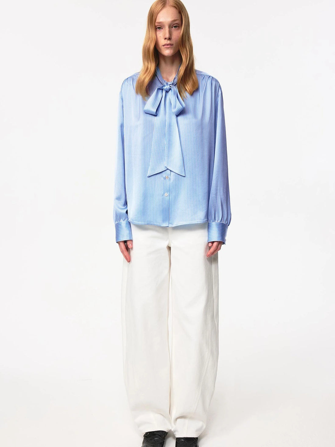 Blue Striped Acetate Bow Tie Layering Shirt