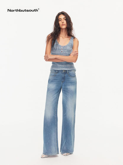 Northbutsouth Blue Whisker Washed Mid Low Rise Relaxed Women&