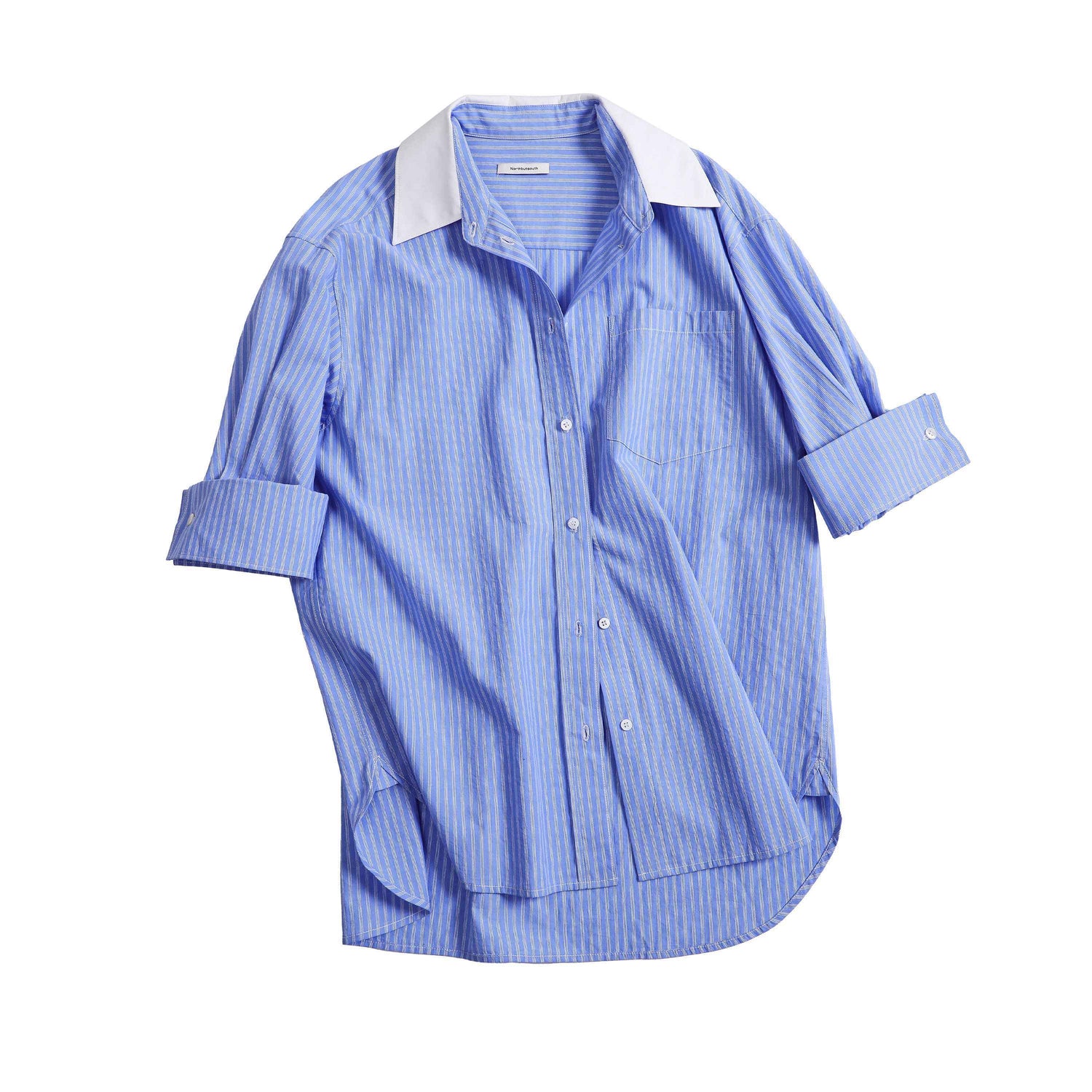 Northbutsouth_Blue_White_Contrast_Collar_Fine_Stripe_Mid_Sleeve_Loose_Women&