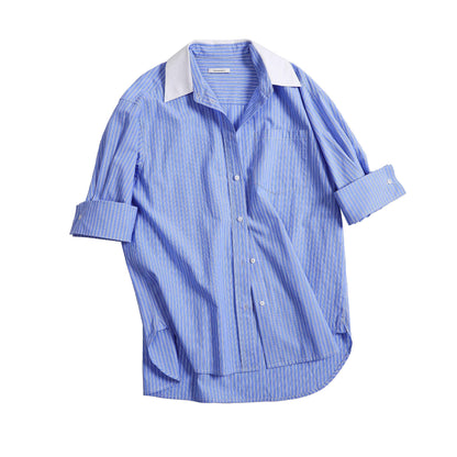 Northbutsouth_Blue_White_Contrast_Collar_Fine_Stripe_Mid_Sleeve_Loose_Women&