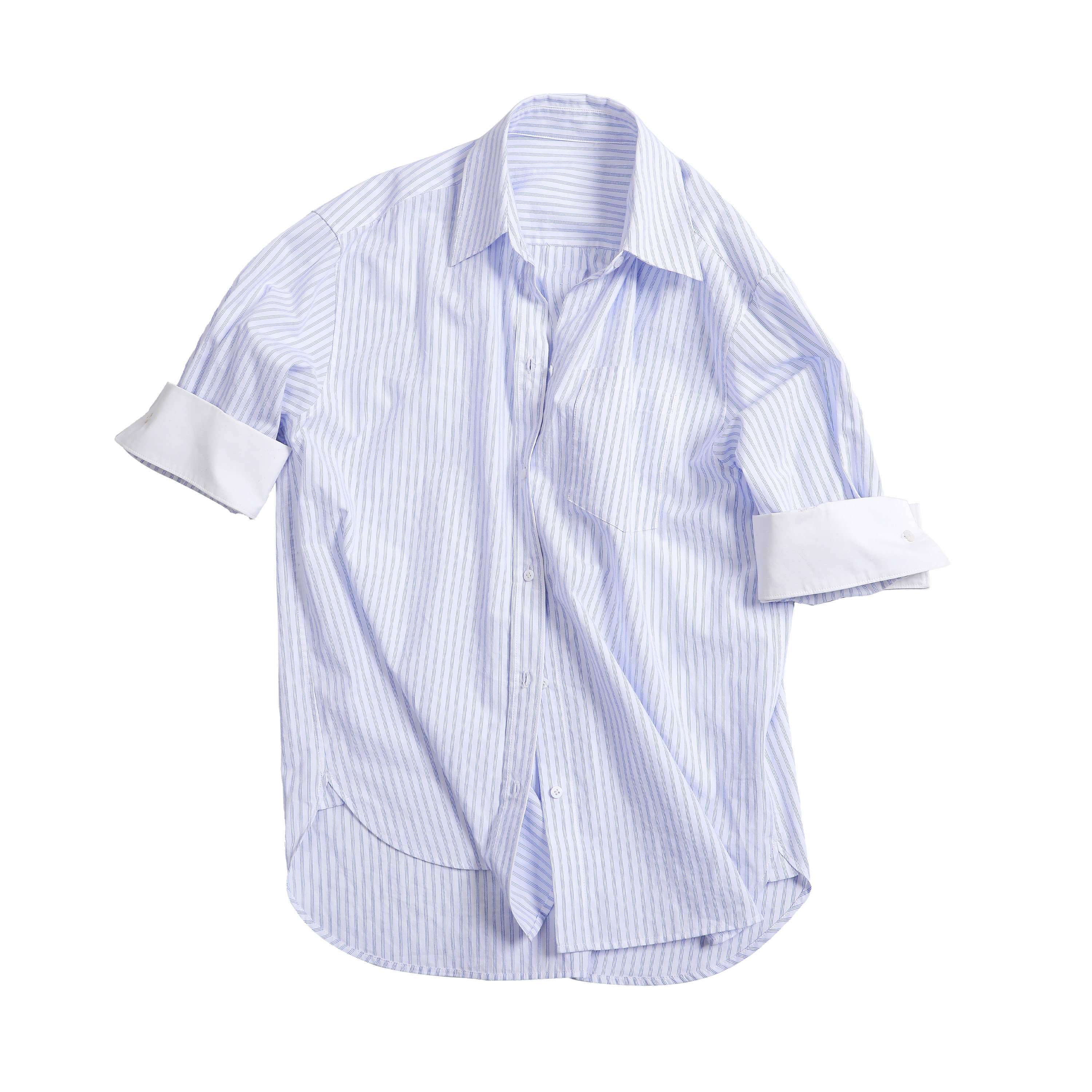 Northbutsouth_Blue_White_Contrast_Collar_Fine_Stripe_Mid_Sleeve_Loose_Women&